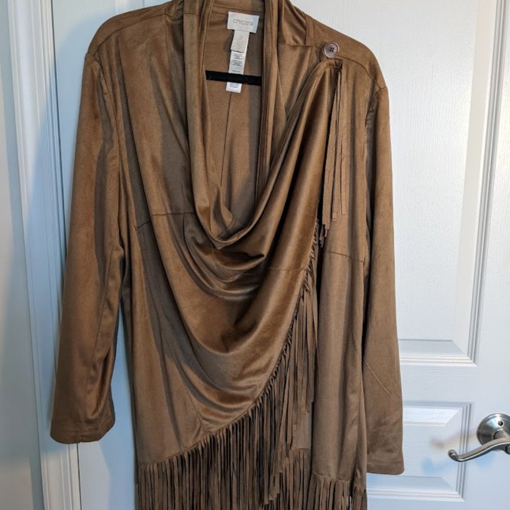Statement piece!  Versatile Brown Chico's (size2) Jacket with Fringe bottom